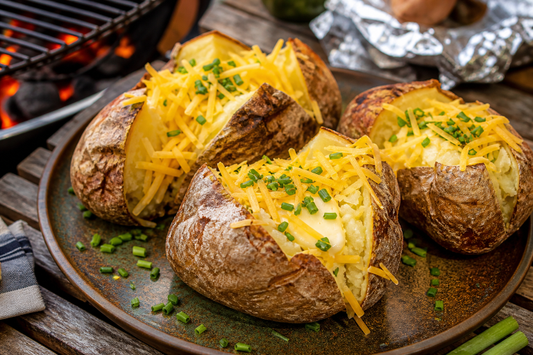 BBQ jacket potatoes filled with Cheddar and chives