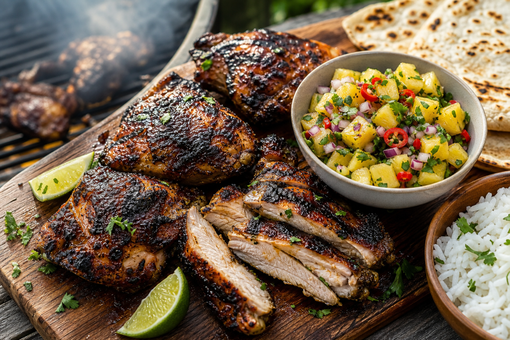 BBQ jerk chicken thighs with pineapple salsa