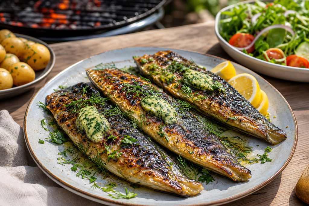 Charred mackerel fillets with melting herb butter