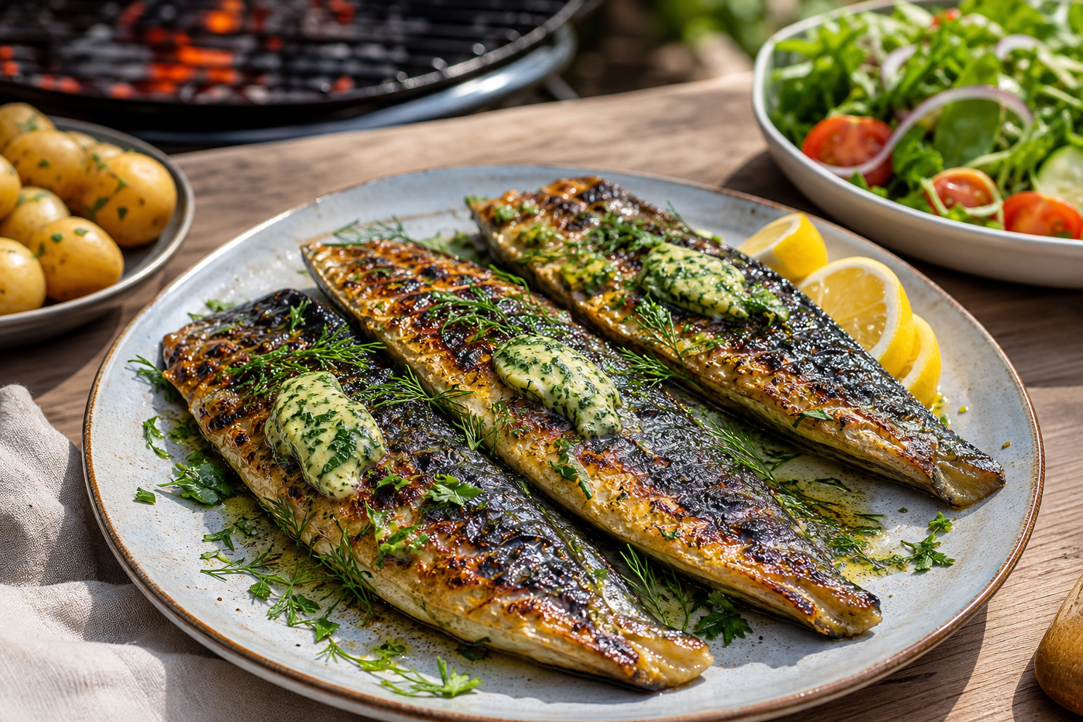 Charred mackerel fillets with melting herb butter