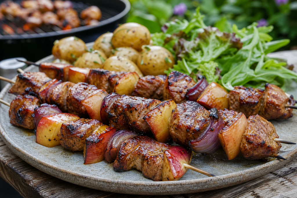 Cider-marinated pork and apple kebabs on a BBQ platter