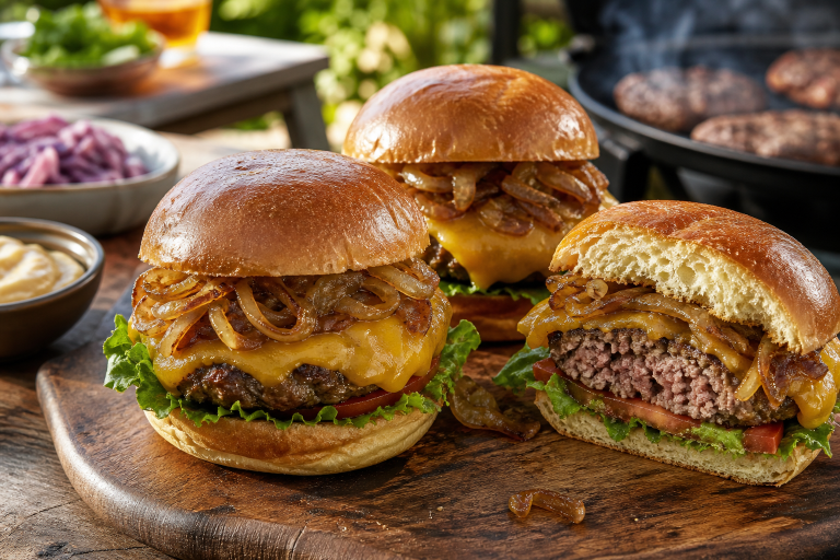Classic British steak burgers with Cheddar and onions on a BBQ table
