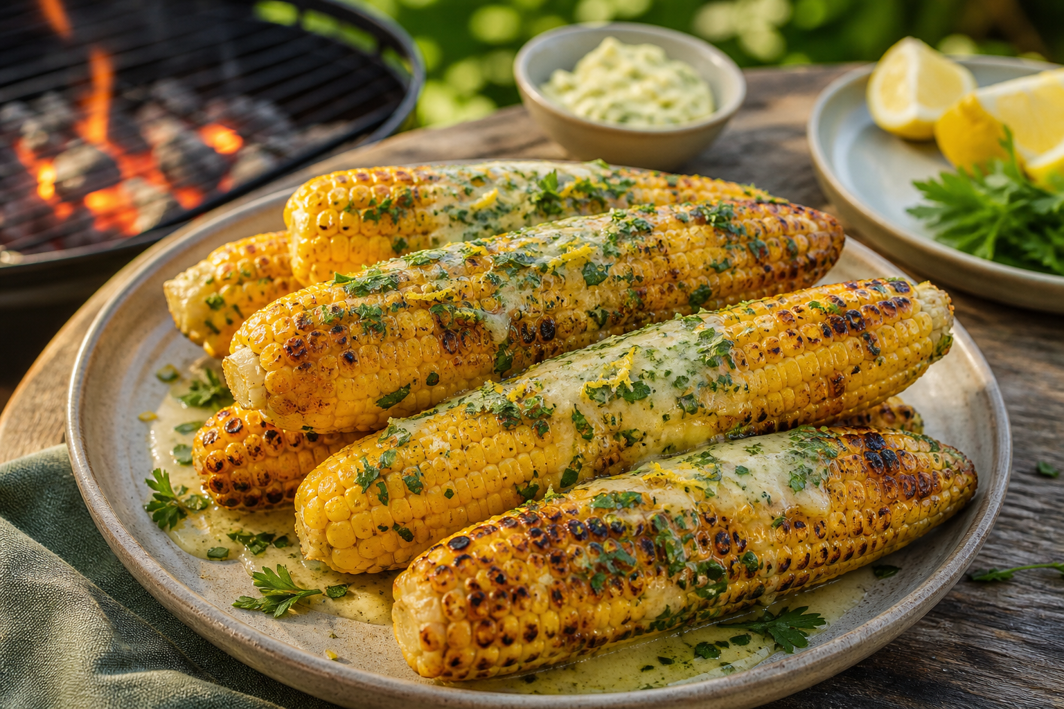 Grilled corn on the cob with garlic herb butter