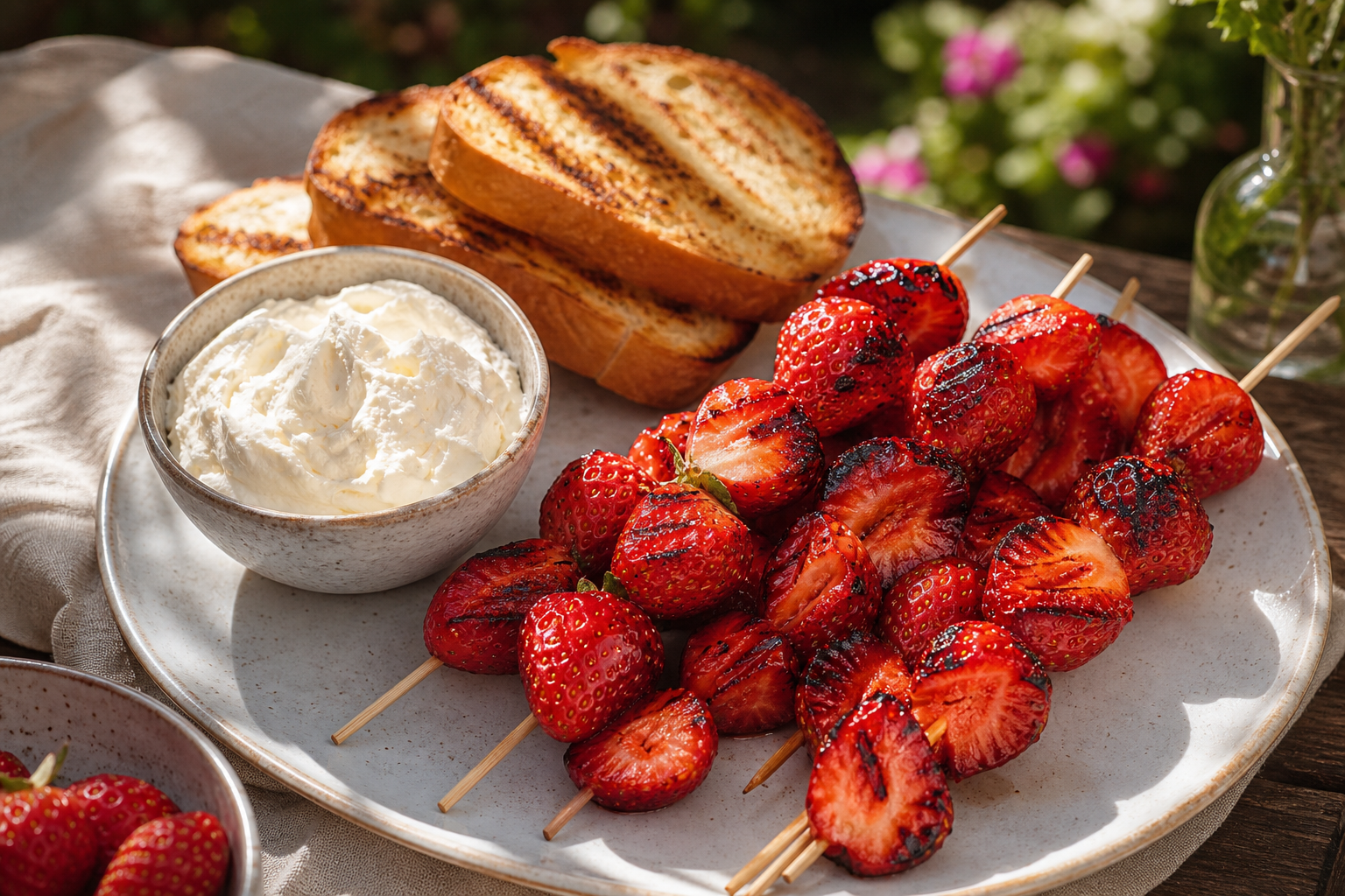 Grilled strawberry skewers with cream dip