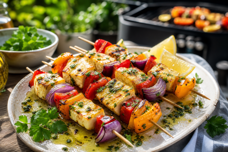 Halloumi and sweet pepper skewers with lemon herb oil