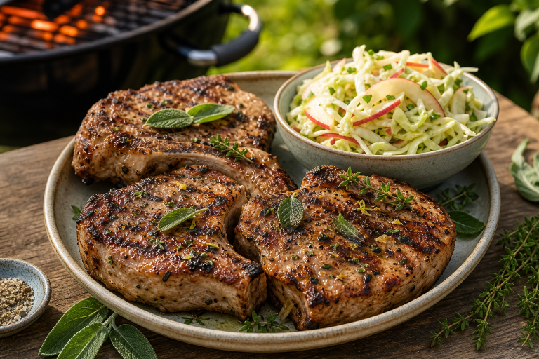 Herby grilled pork chops with apple slaw