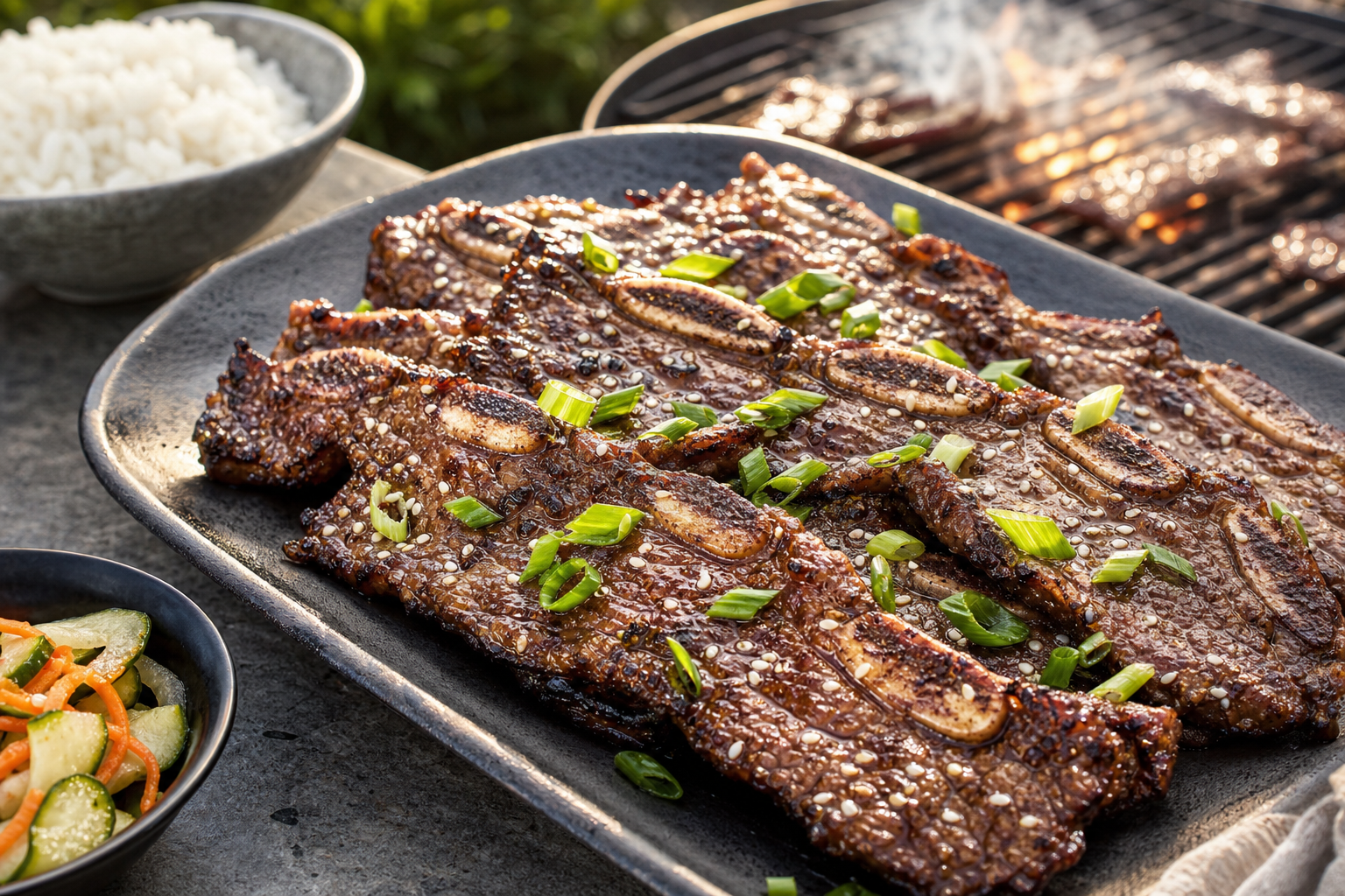 Korean-style BBQ beef short ribs with sesame and spring onions