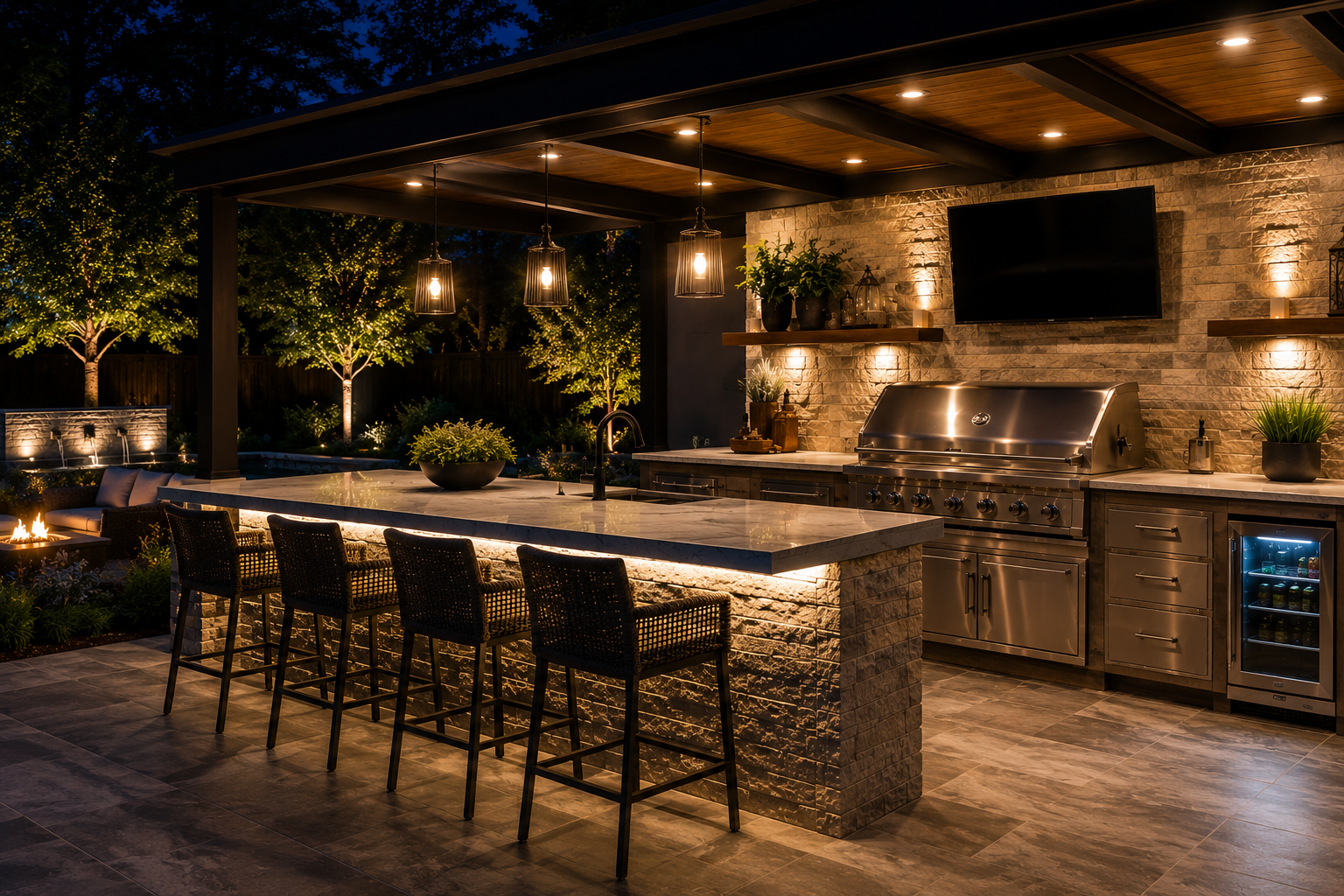 Outdoor kitchen at night with task lighting, warm wall lights and garden accent lights