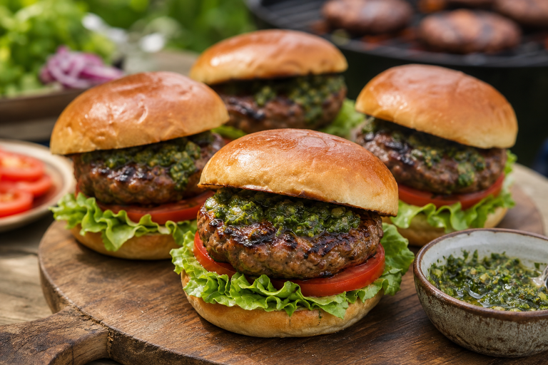 Lamb burgers with mint relish and salad on a BBQ table