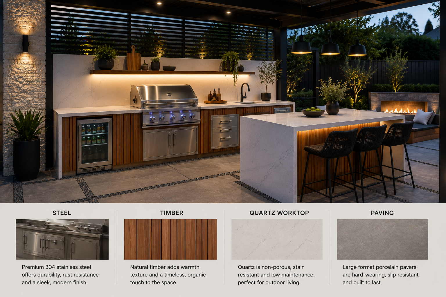 Outdoor kitchen materials including stone worktops, paving and stainless steel cabinets