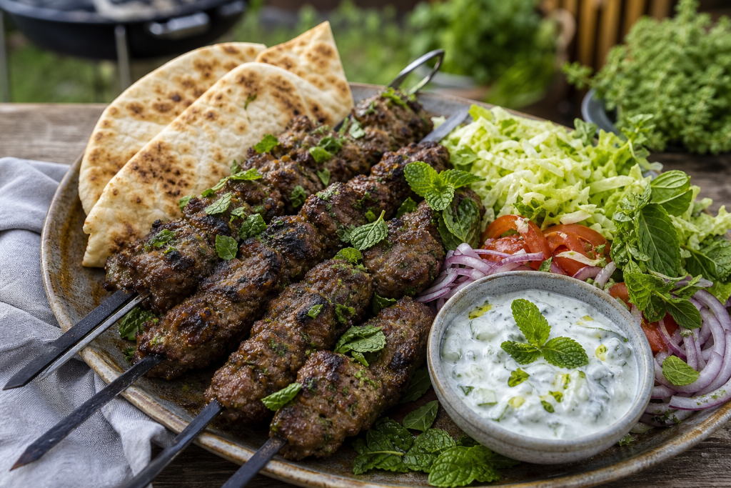 Minted lamb kebabs with yogurt and cucumber sauce
