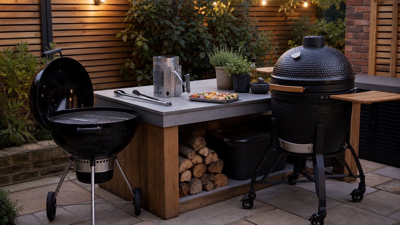 Charcoal kettle BBQ and kamado-style cooker on a garden patio