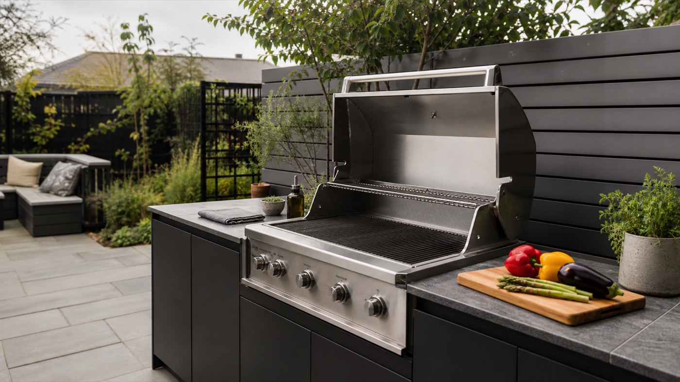 Built-in stainless steel gas BBQ in a modern outdoor kitchen with stone worktops