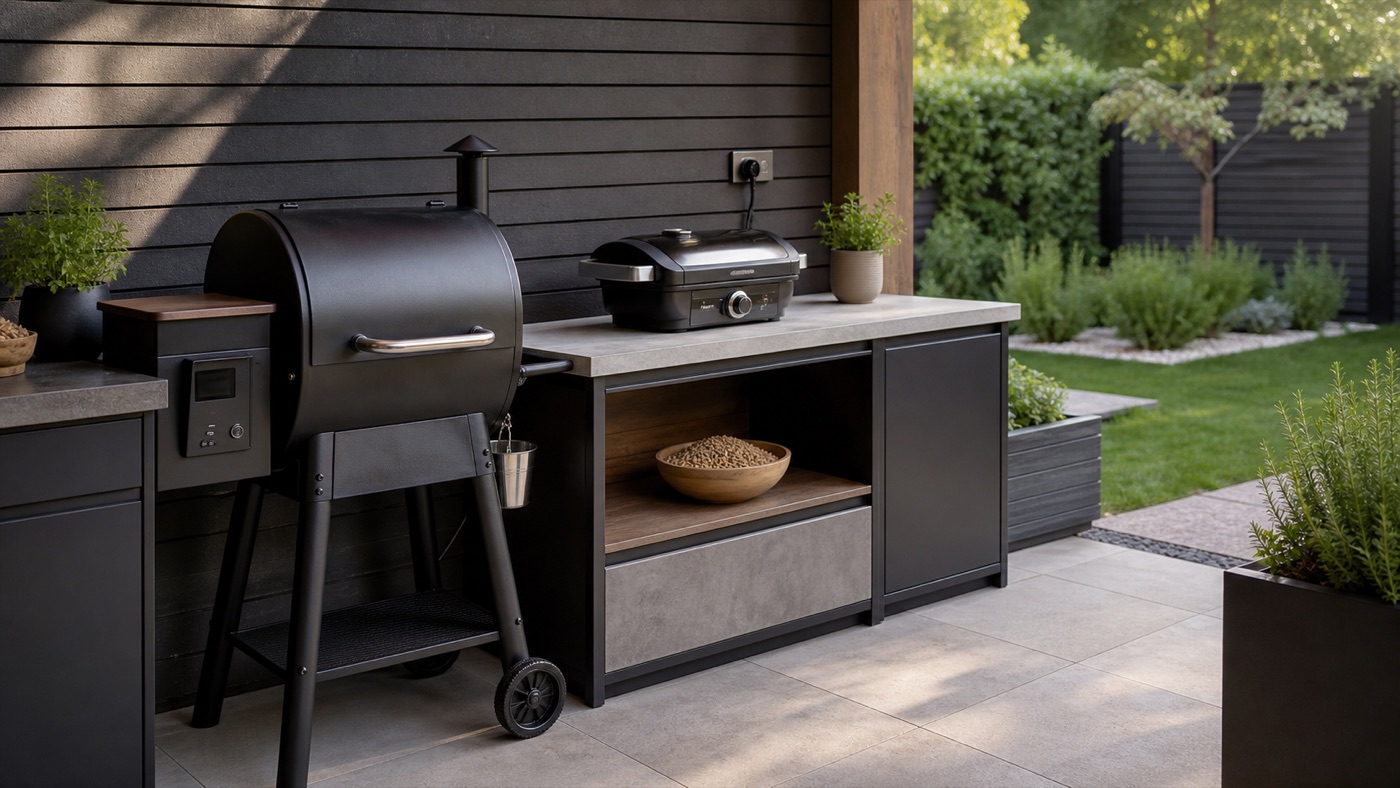 Pellet grill and compact electric grill in a covered garden kitchen