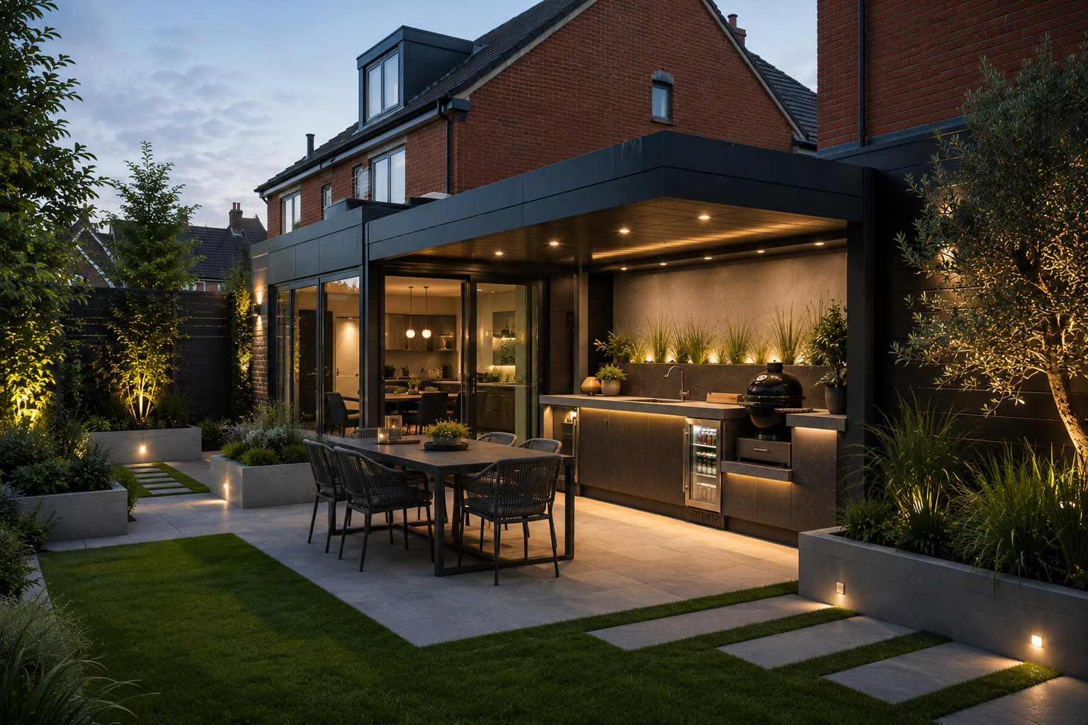 Outdoor kitchen build area with grill, worktop, storage and seating