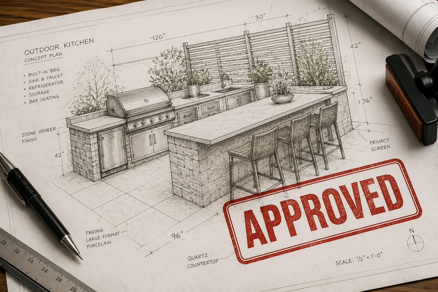 Outdoor kitchen concept plan with dimensions and an approved stamp