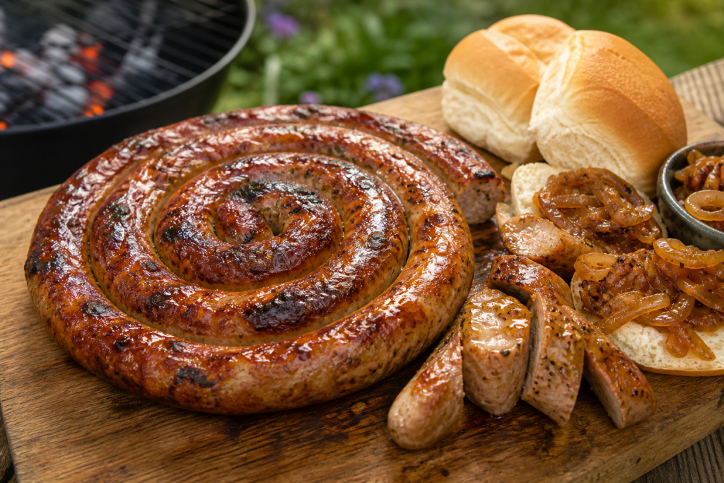 Glazed Cumberland sausage swirls cooked on the BBQ
