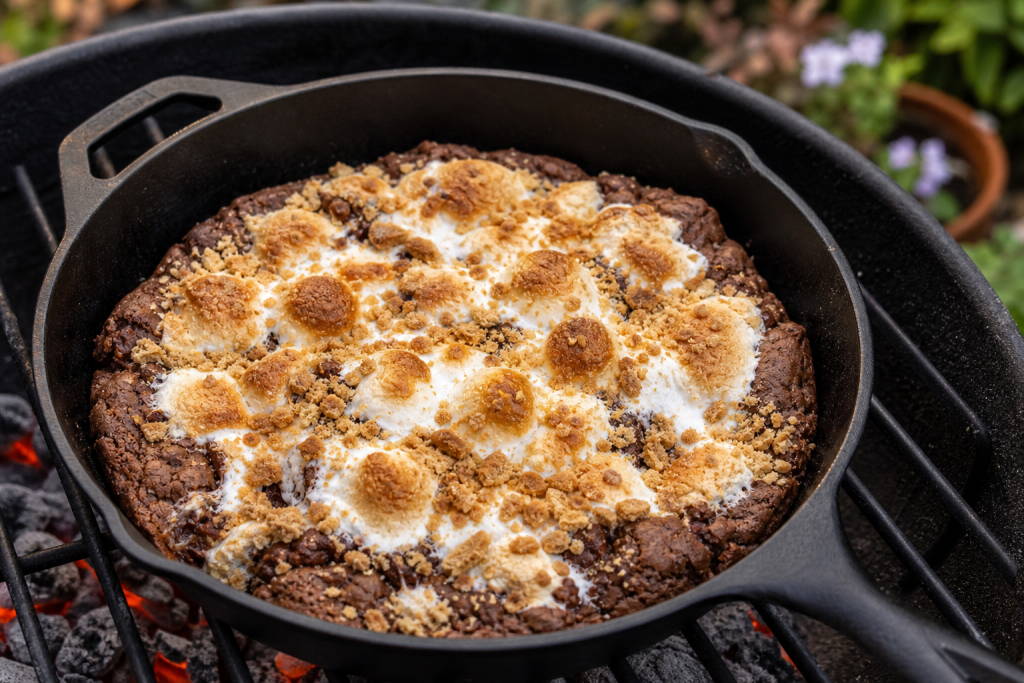 Skillet S'mores brownies on a BBQ grill