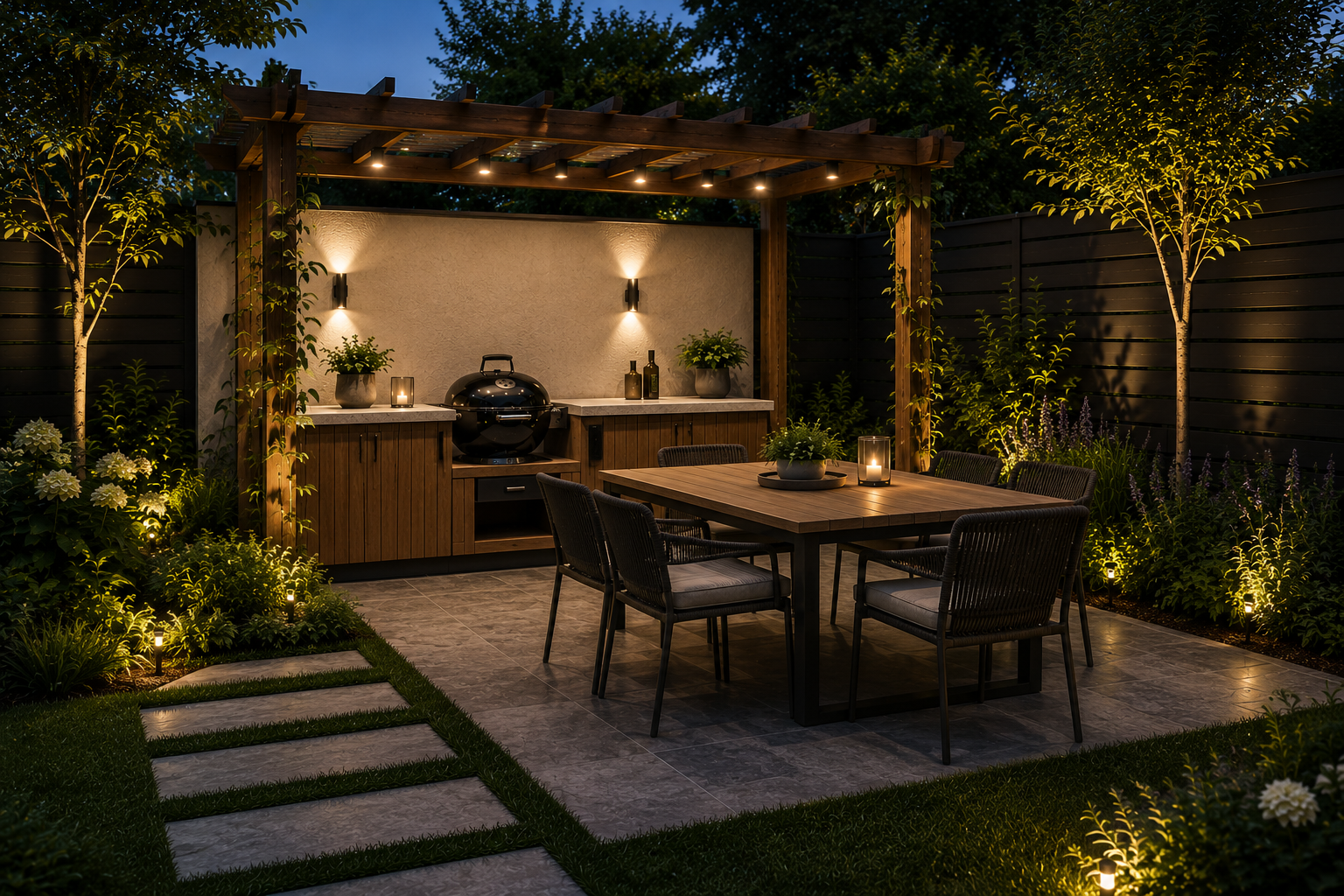 Small garden outdoor kitchen with pergola, compact grill run, dining table and warm lighting