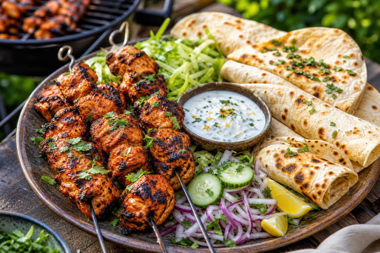 Smoky tikka chicken skewers with chapati wraps