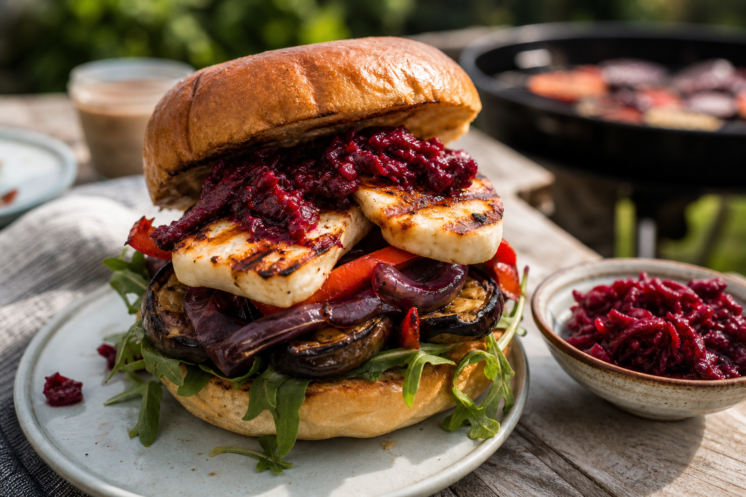 Smoky vegetable and halloumi burger with beetroot relish
