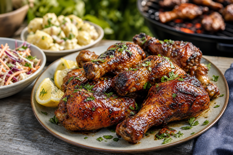 Sticky BBQ chicken drumsticks with cider glaze on a platter