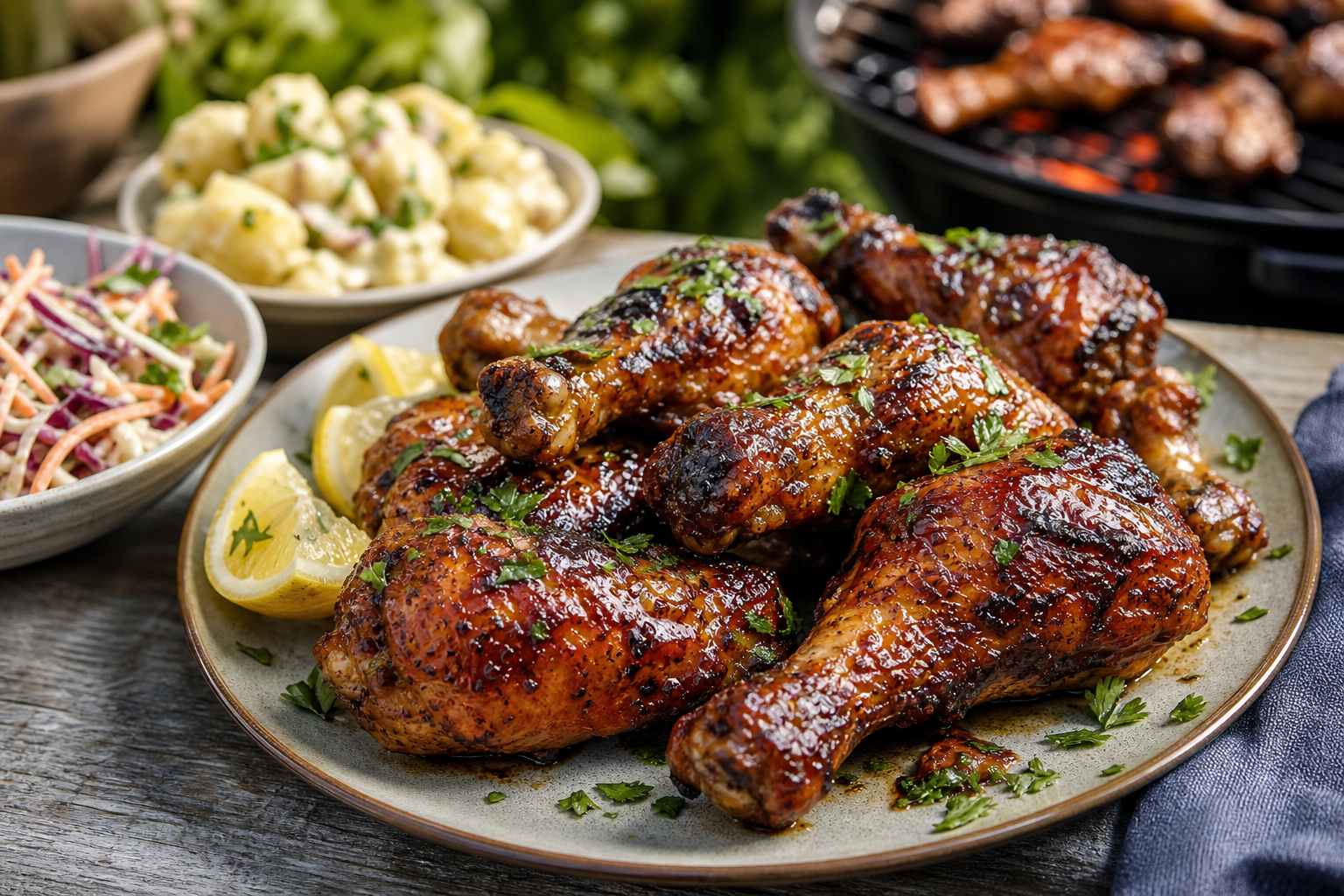 Sticky BBQ chicken drumsticks with cider glaze on a platter