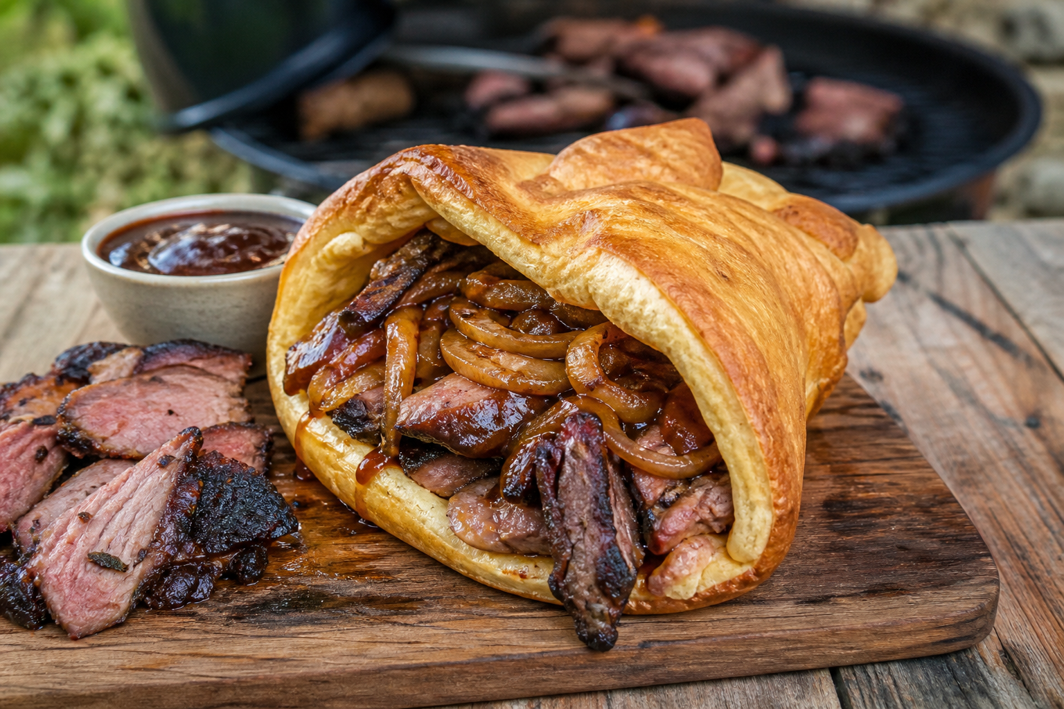 Yorkshire pudding wrap filled with BBQ brisket and onions